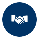 Handshake icon in blue circular background.