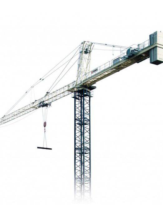 Tower crane lifting a steel beam.