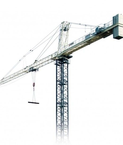 A tall construction crane with a white boom and blue tower against a white background.